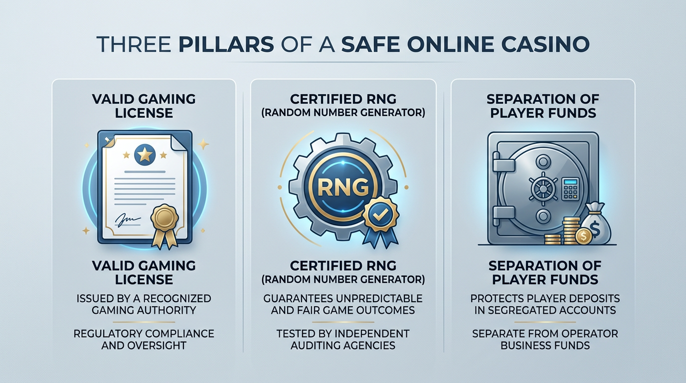 Infografika przedstawiająca trzy filary bezpiecznego kasyna online: licencję, certyfikację RNG oraz separację funduszy
