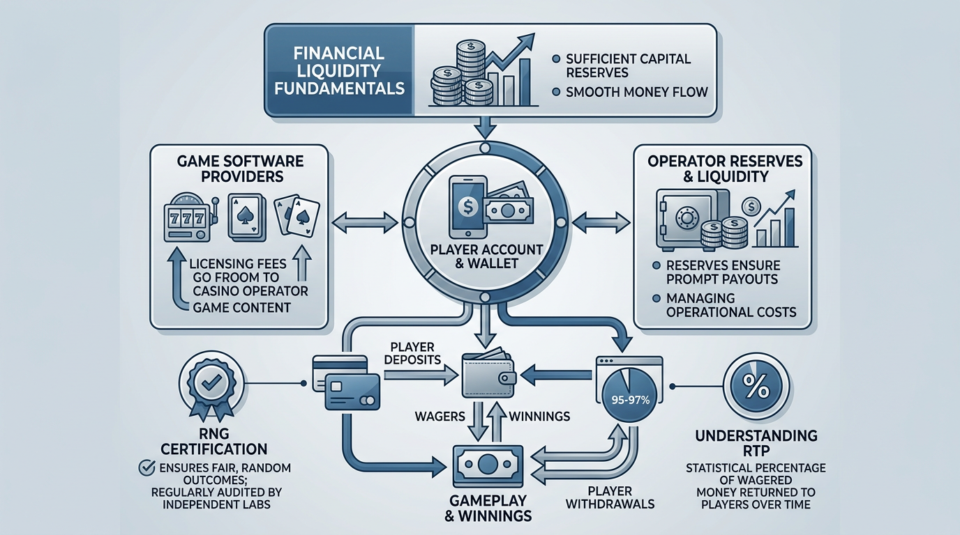 Infografika przedstawiająca mechanizmy wypłacalności kasyna online, w tym rezerwy finansowe i certyfikację RNG