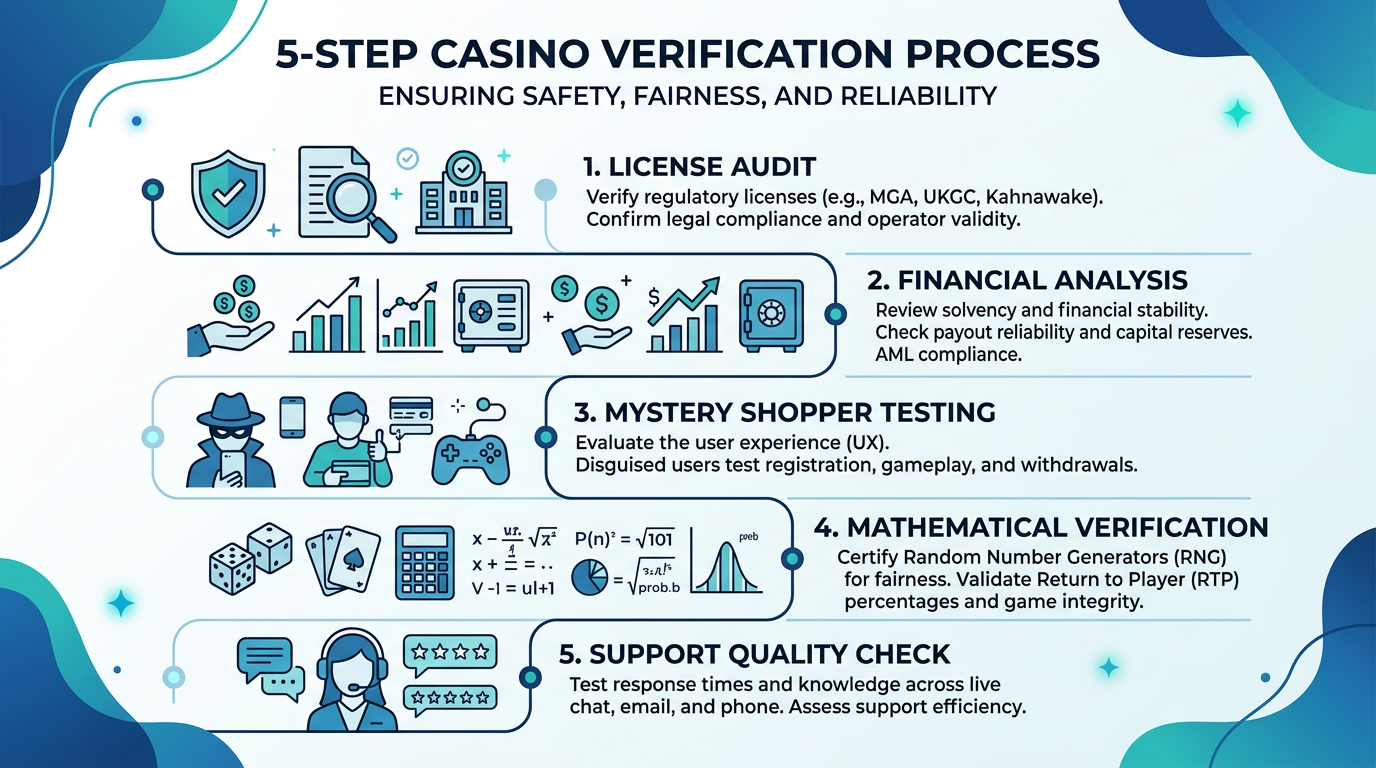 Infografika przedstawiająca 5-etapowy proces weryfikacji kasyn internetowych przez zespół bond007