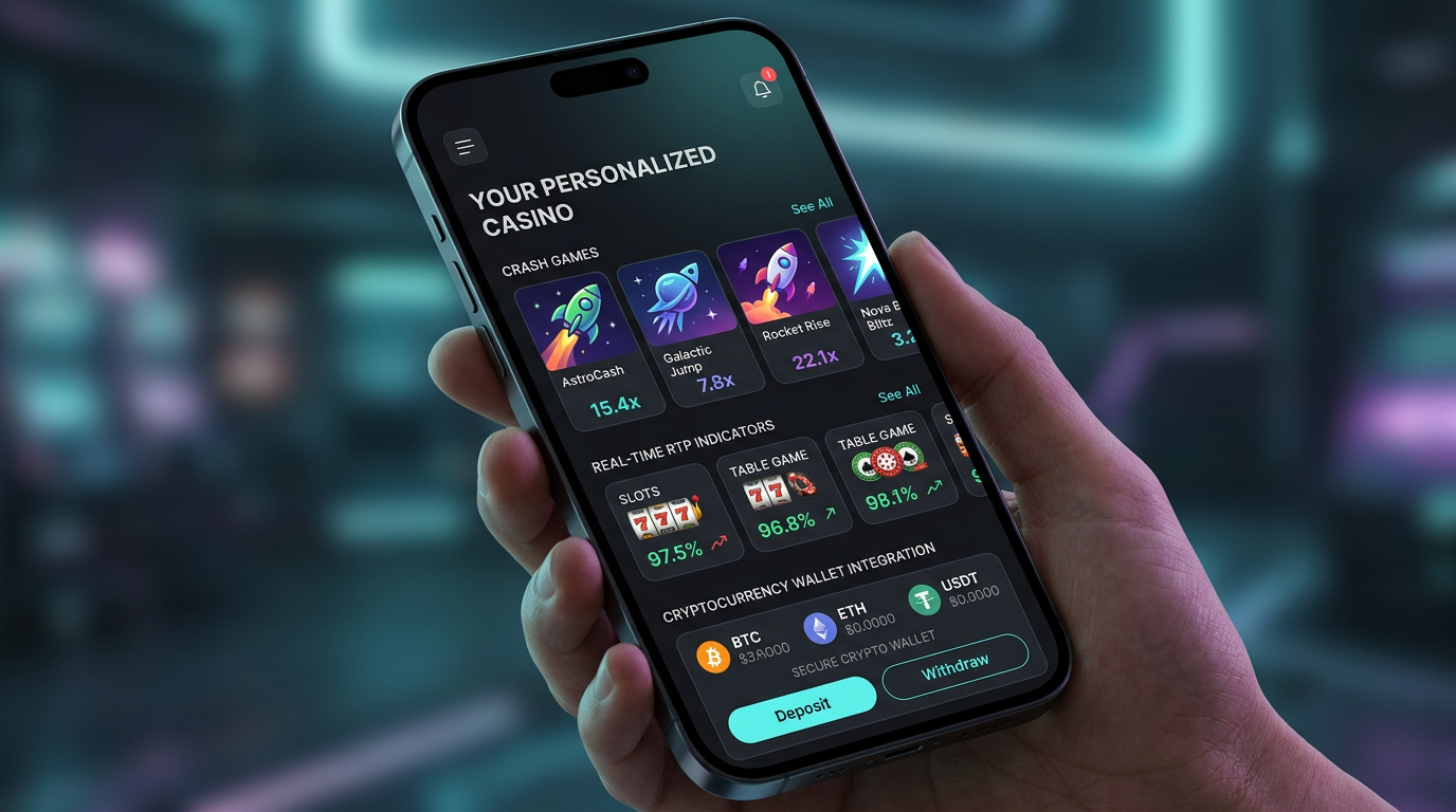 Nowoczesny interfejs mobilnego kasyna online z 2026 roku pokazujący gry typu crash i płatności krypto