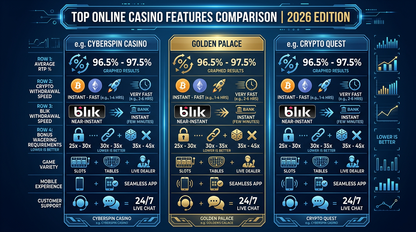 Infografika porównująca kluczowe parametry najlepszych kasyn online 2026